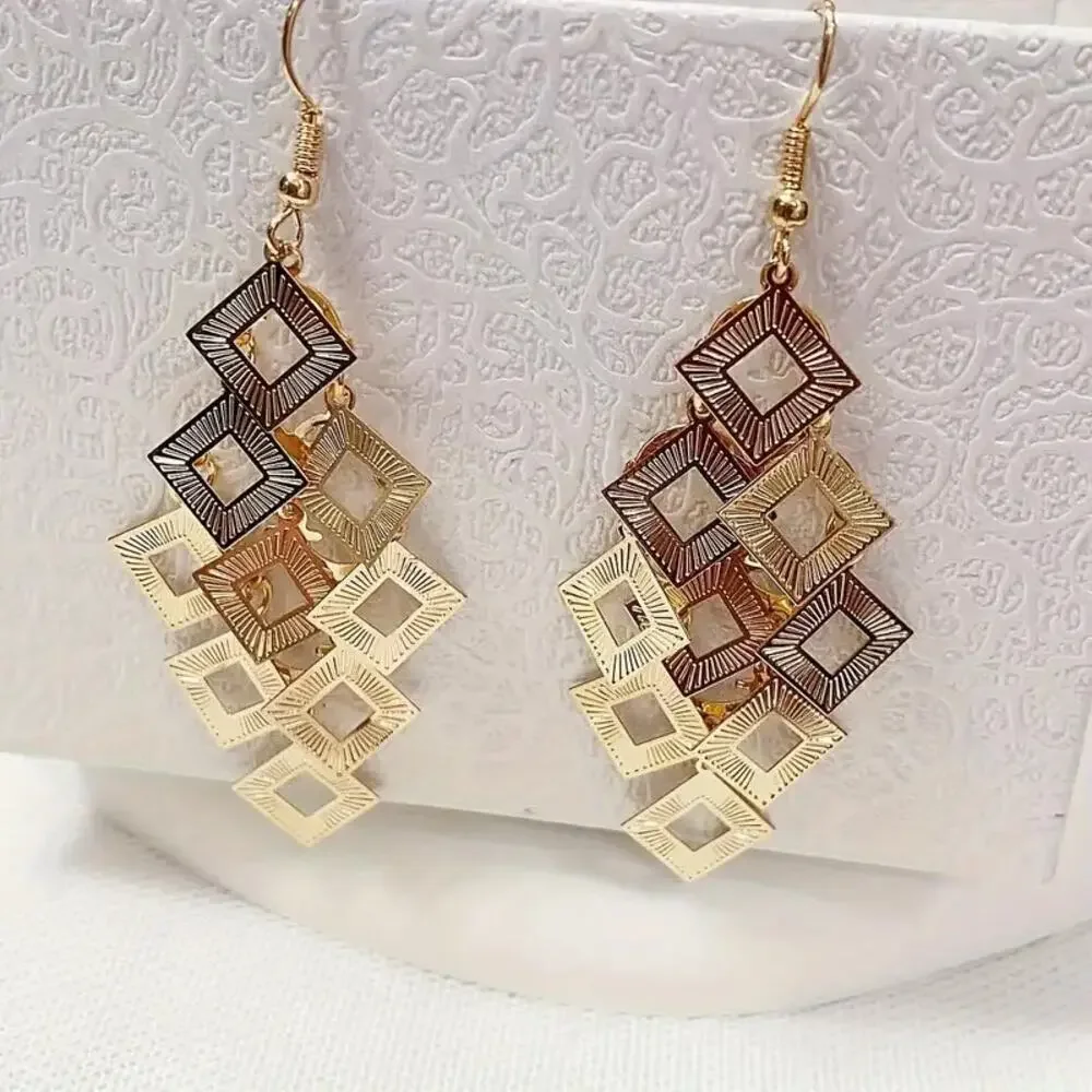 NEW Gold Dangle Earrings – Boho Chic Square Tassel with Hollow Out Design